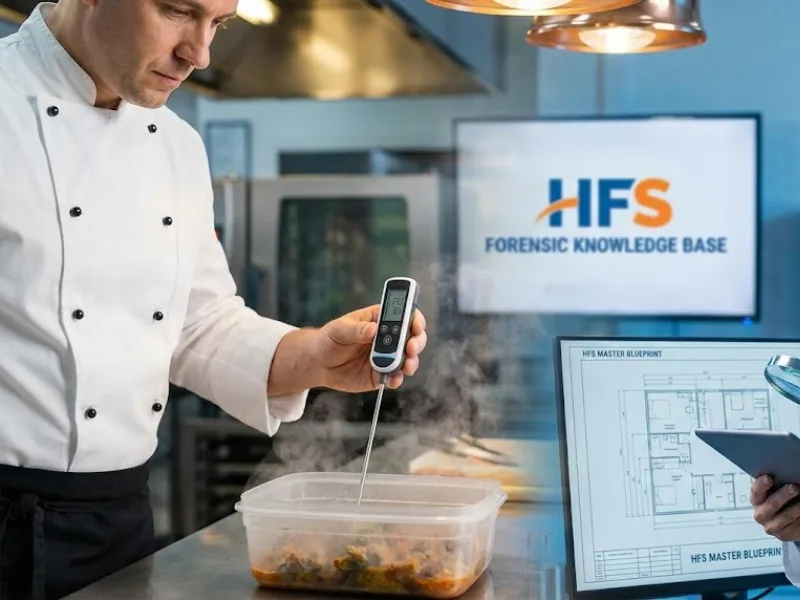 Atmospheric wide-shot of a clean, modern commercial kitchen with a forensic blueprint aesthetic, featuring glowing data points over stainless steel equipment and a digital thermometer, representing the HFS technical database for food safety compliance."